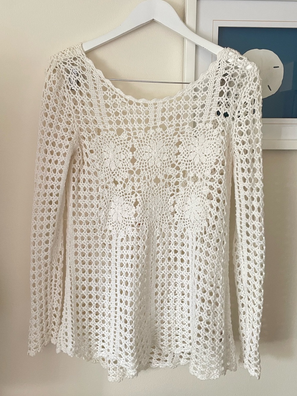 Free People Long Sleeve Filet Crochet Pullover Knit Sweater Tunic Medium